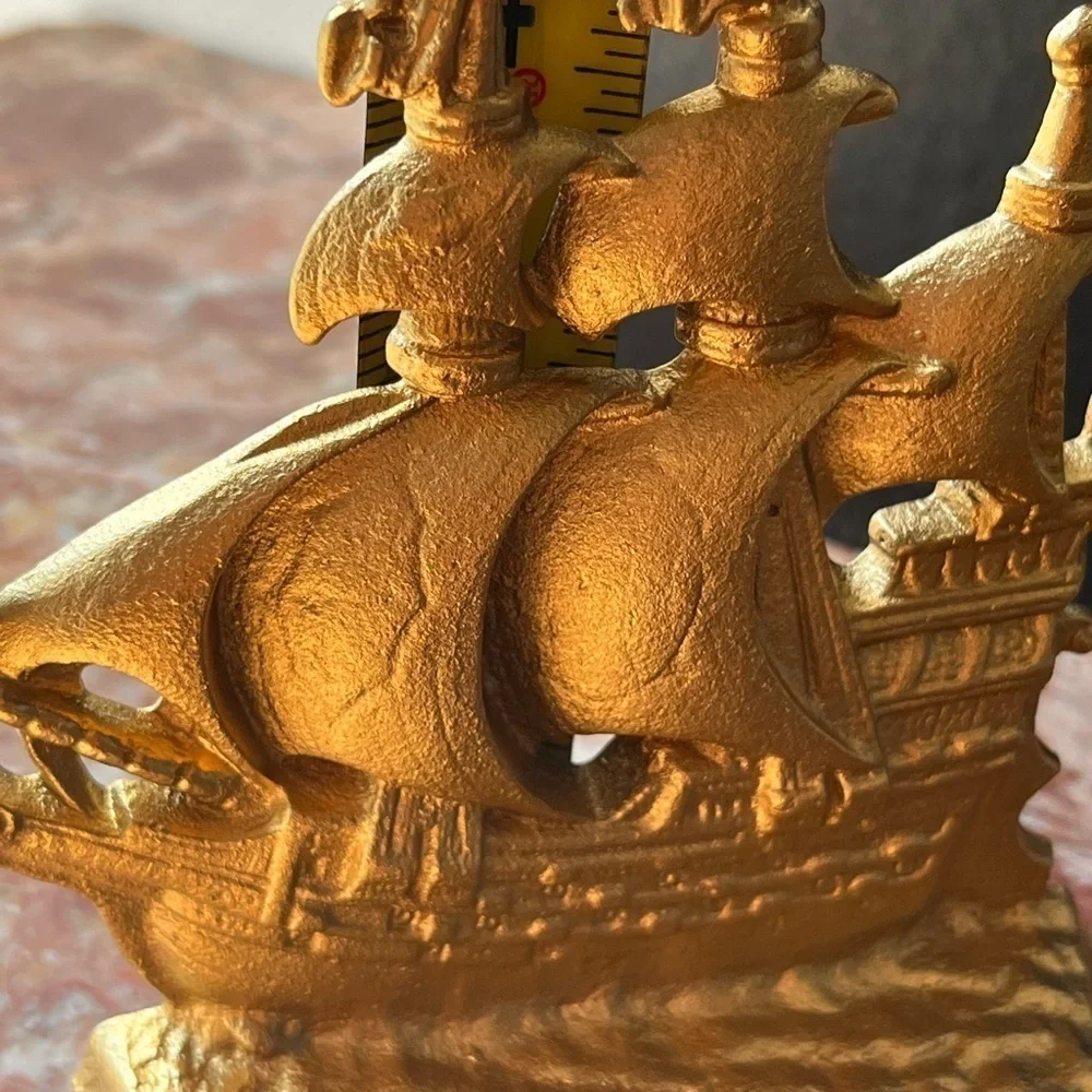 Antique Bronze gilded Bookend Sailing Boat 1803 Galleon Time Of Elizabeth Stamp